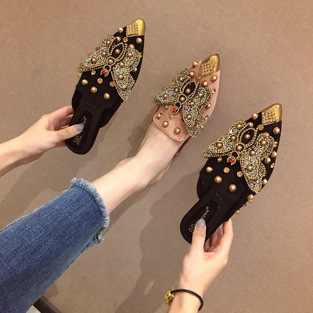 New Rhinestone Butterfly Pointed Baotou Lazy Slippers