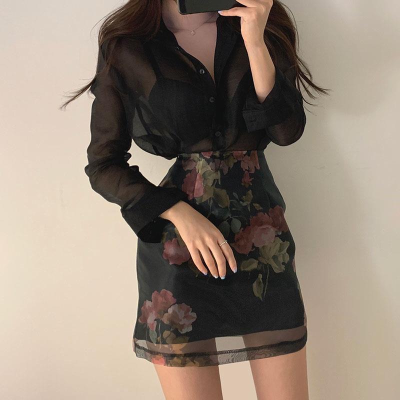 Sun Protection Shirt High Waist Color Printing Chiffon Skirt