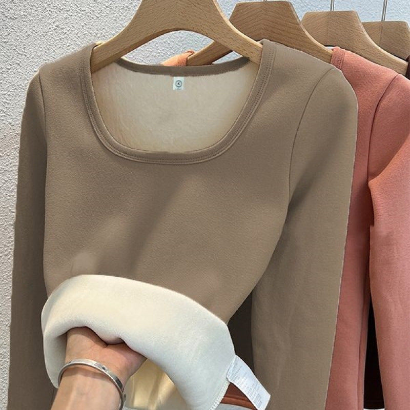 Fleece-lined Square Collar Bottoming Shirt Women's Keep Warm Pure Color Slim Fit