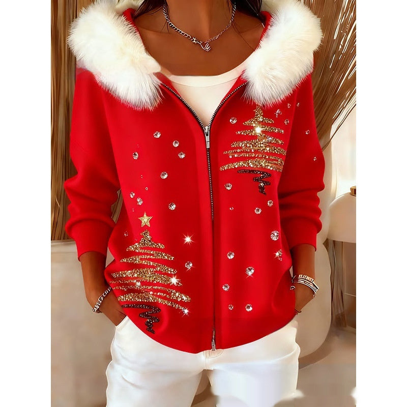 Stilfuld 3D Digital-Print Cardigan Til Damer Med Faux Fur Hætte