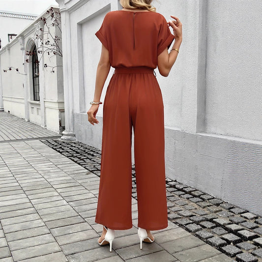 Kvinder solid farve jumpsuit med bælte og rund hals