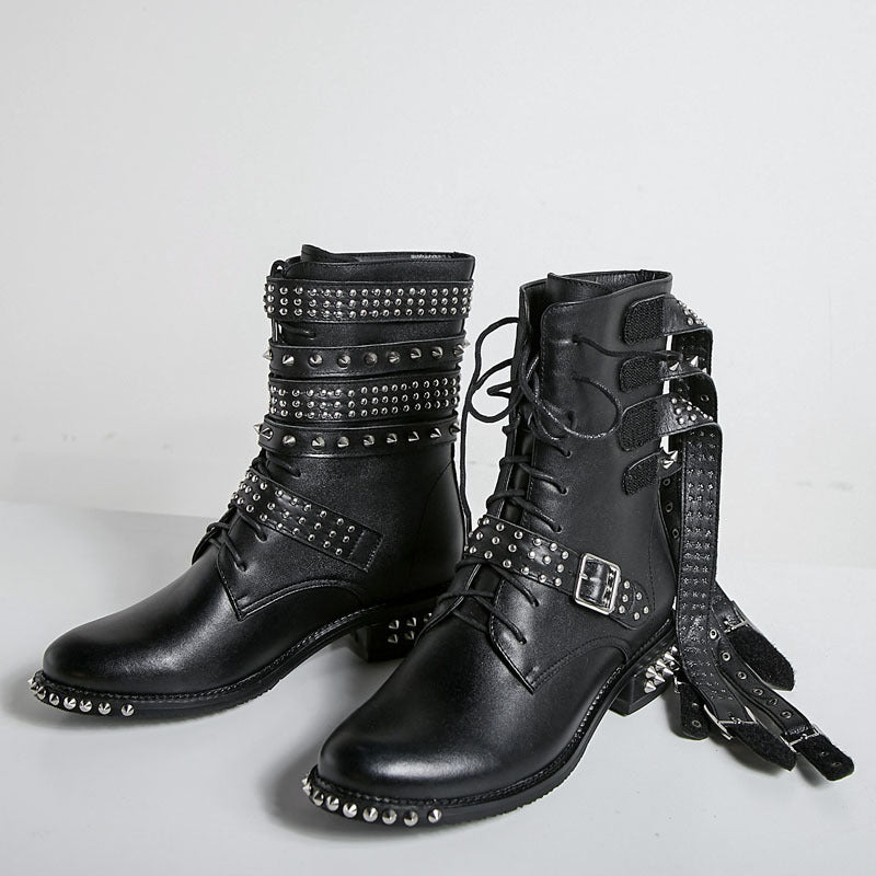 Women's Fashion Round Toe Stud Lace Up Martin Boots