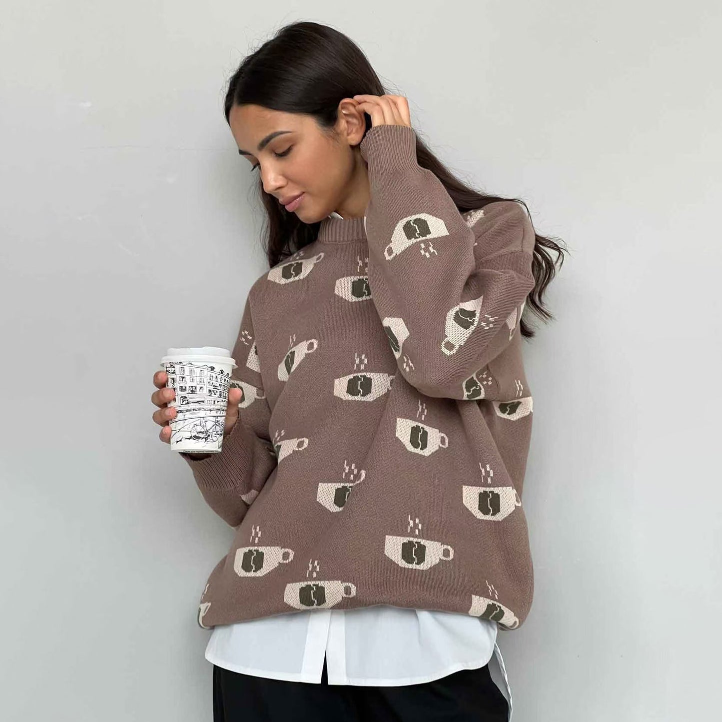Women's Coffee Loose Long-sleeved Knitted Sweater