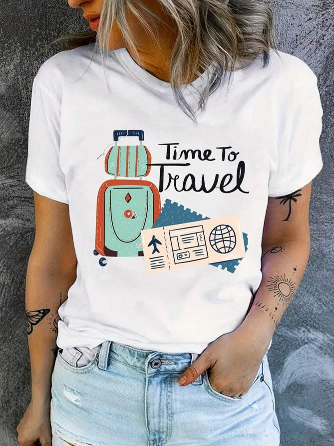 Printed Crew-neck Top With Short Sleeves