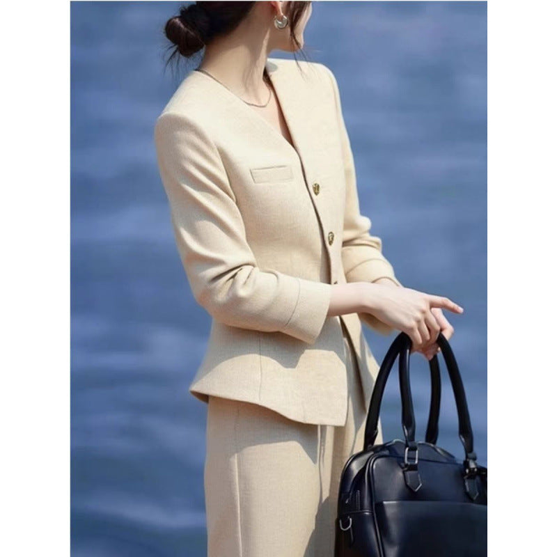 Waist-grabbing Beige Coat And Wide-leg Pants Set