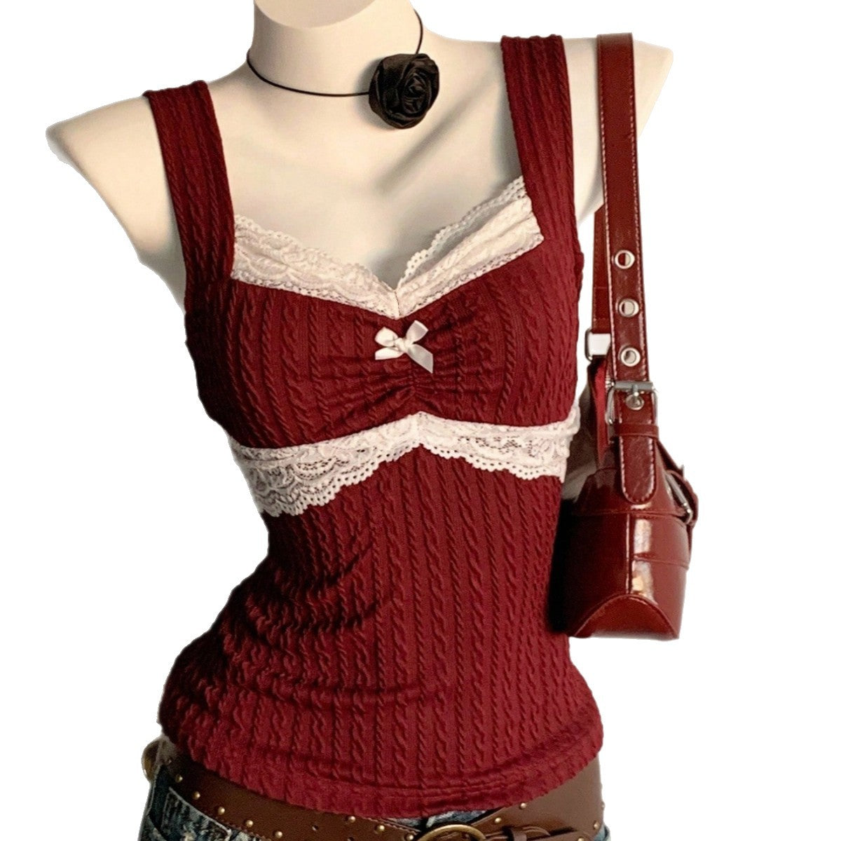 Womens Lace-trimmed Bow-decorated Vest-style Waistcoat Slim-fit Outerwear Top