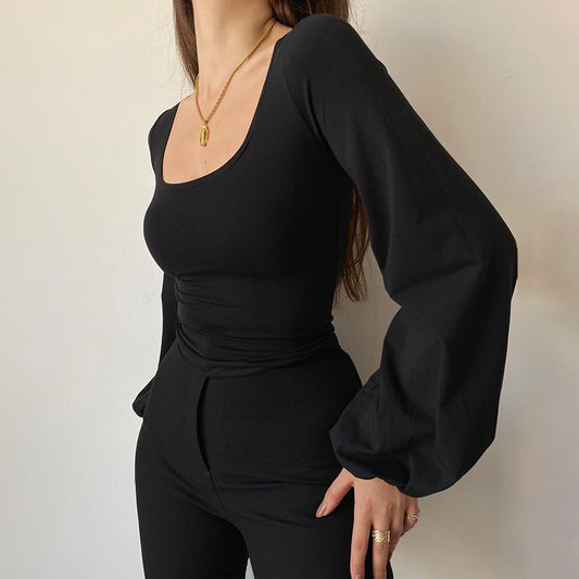 Casual Top Versatile Lantern Long Sleeve Square Collar Slimming Solid Color T-shirt