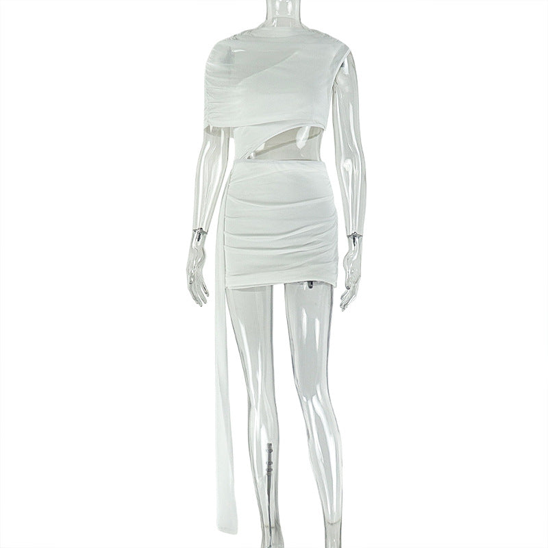 Solid-color Fashion Crew-neck Skirt Set Asymmetrical Top And Short Skirttwo Pieces