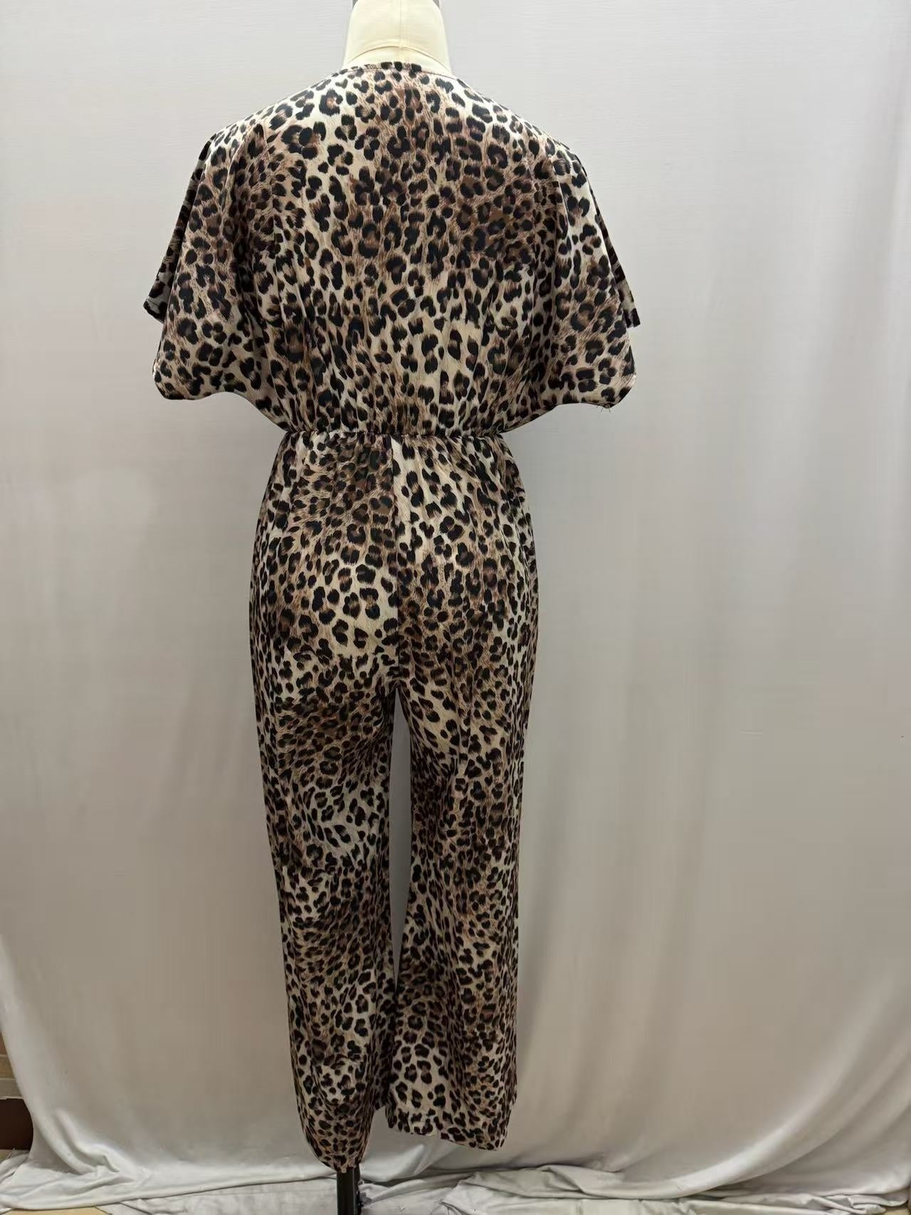 Womens Spring Leopard-Print V-Neck Flounce-Sleeve Wide-Leg Jumpsuit