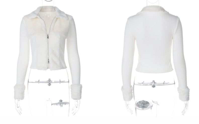 Double-sided Zipper Cardigan With Lapel And Furry Patch Long Sleeve Top