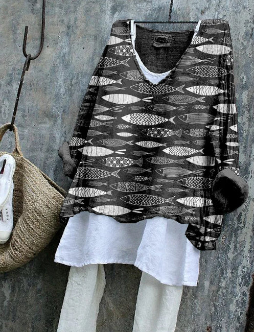 Women's Vintage Fish Art Pattern Linen Blend Flowy Blouse