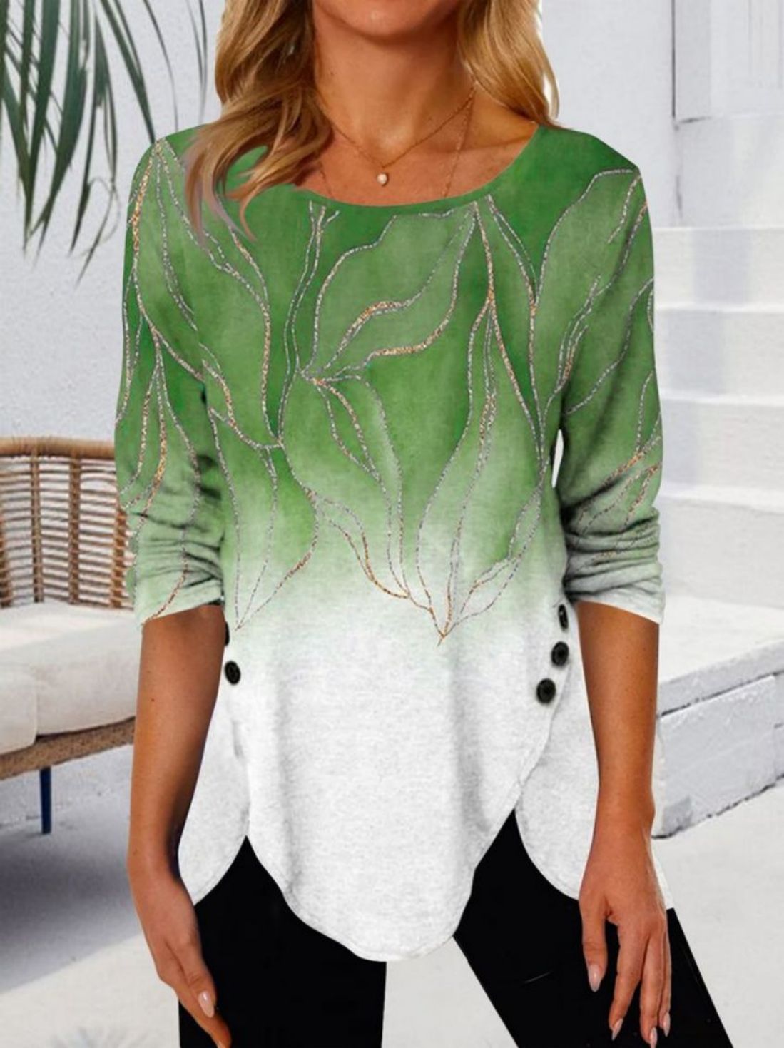 Printed Buttons Irregular Hem Crew Neck Mid Sleeve T-Shirt