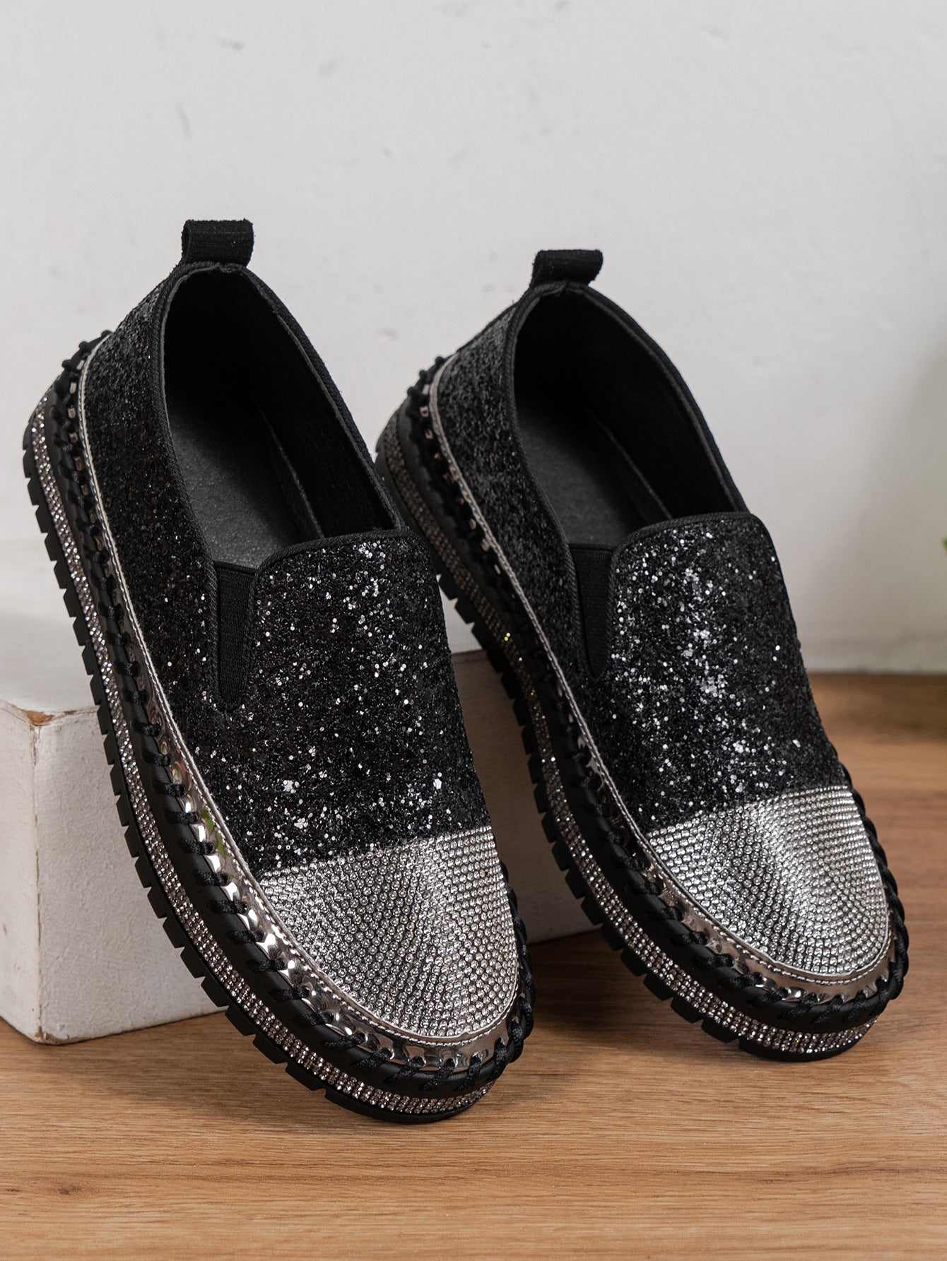 Thick Bottom Flat Loafers Rhinestone