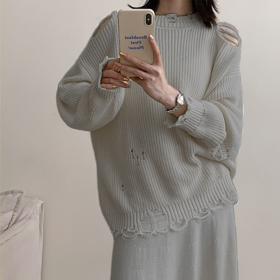 Modetøj til kvinder Langærmet hvid sweater i bomuld med rund hals Uregelmæssig flænset nederdel