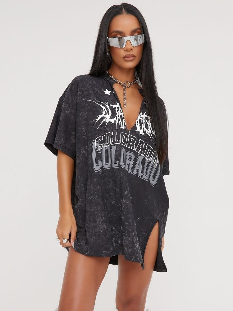 American Street Retro Style V-neck T-shirt Slit Loose Short Sleeve