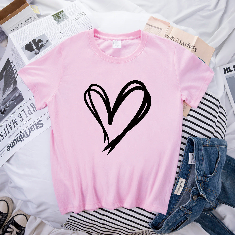 Simple Double Love Pattern Printed Loose Short Sleeve