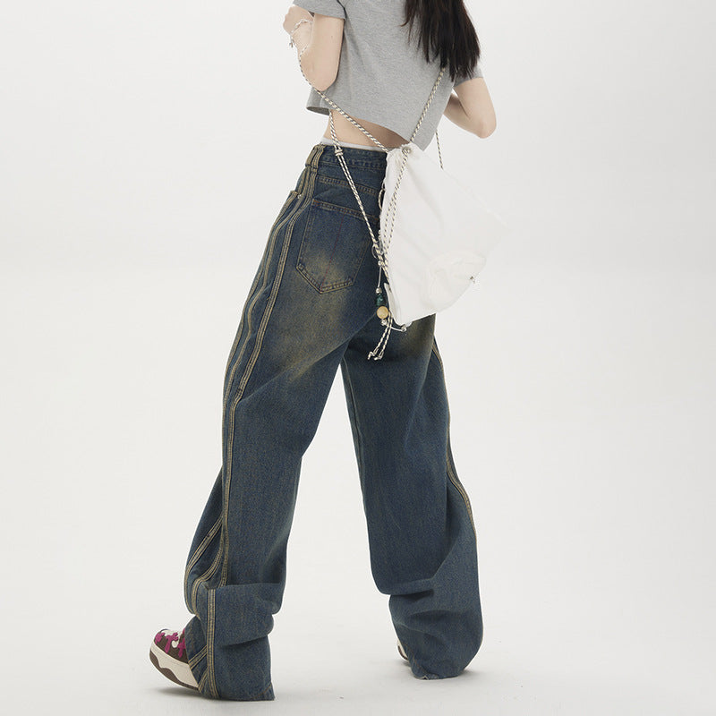 Vintage stribede vide straight jeans til kvinder