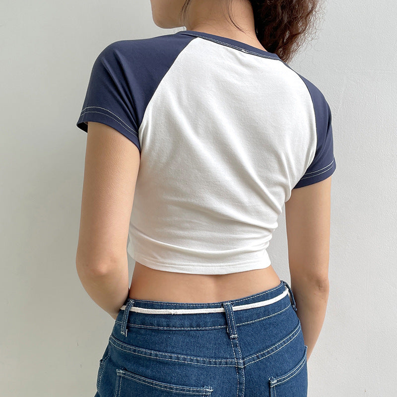Contrasting Color Raglan Sleeve Splicing Show Thin Hot Girl Crop Top