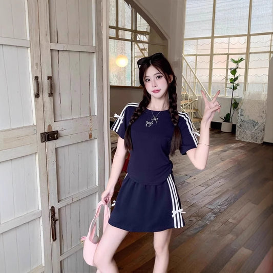 Women's Slimming Casual Short Sleeve Top And Skirt Two-Piece Set
