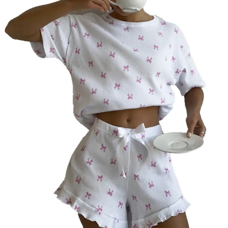 Casual Women's Home Bow Print Short Sleeve Lace Shorts Set