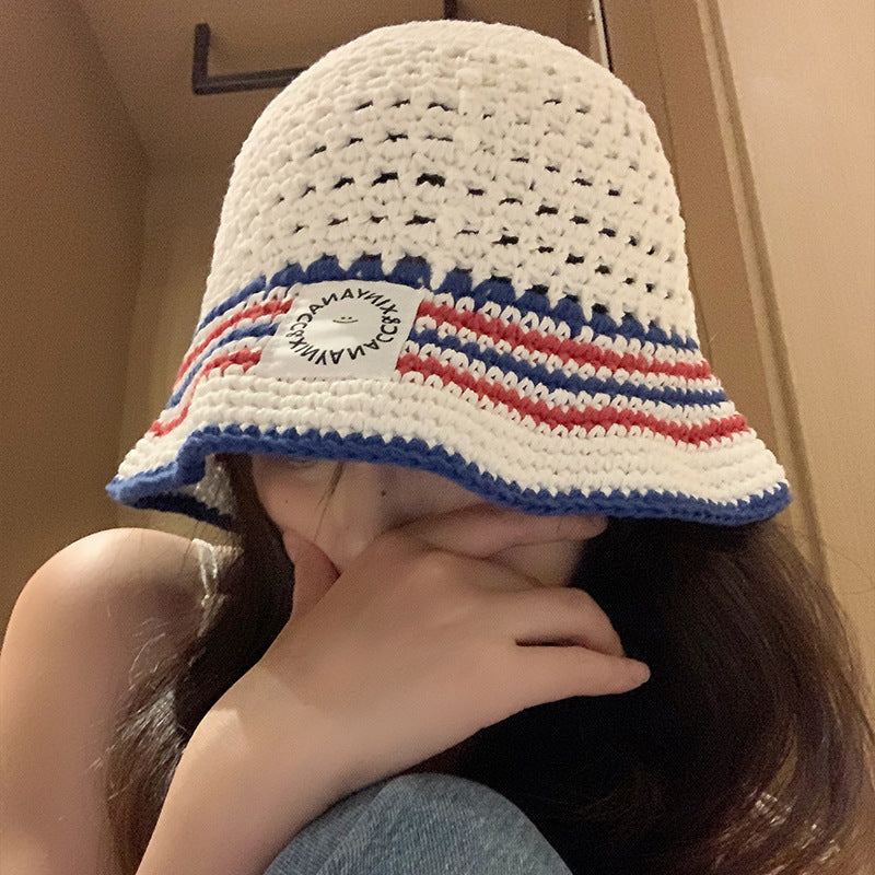 Striped Bucket Hat Women's Hollow Breathable Small Bucket Cap