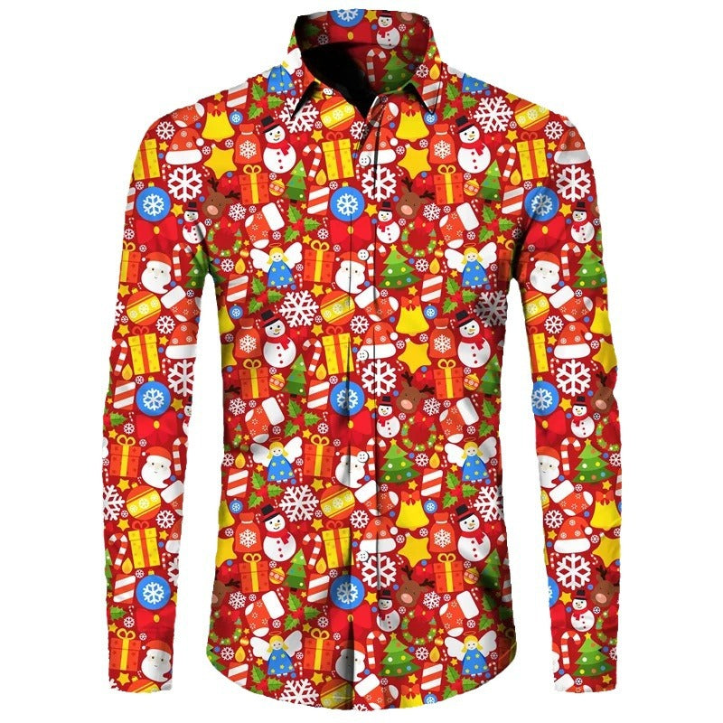 Funny Christmas Theme Digital 3D Printing Men's Button Lining Casual Long Sleeve