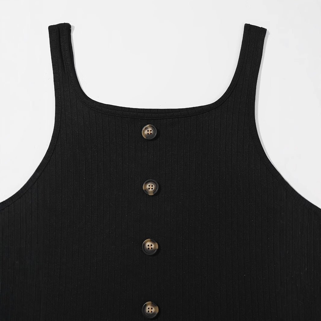 Sleeveless Ribbed Vest With Button Detailing And Ruffled Hem