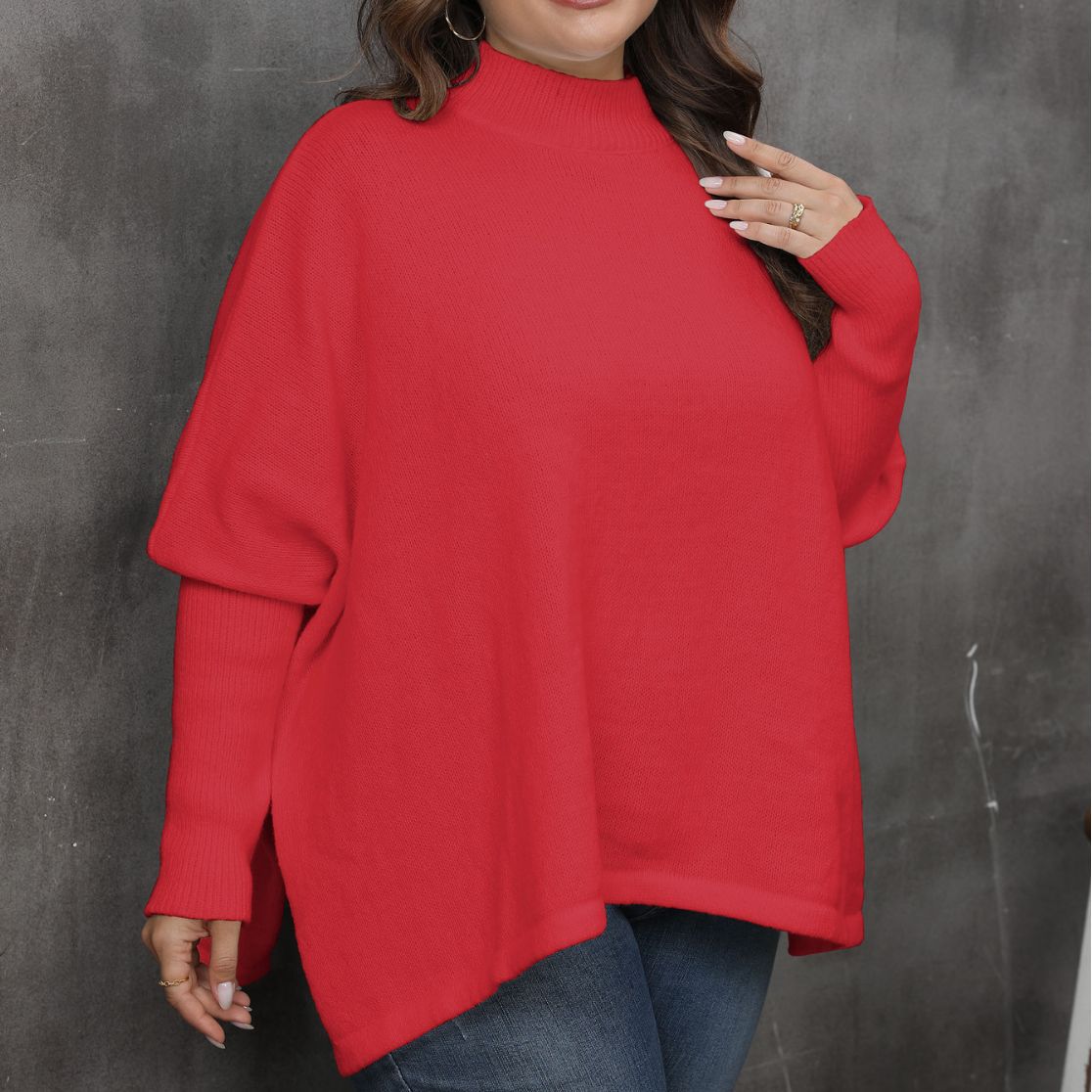 Women's Pullover Plus Size Loose Split Batwing Sleeve Half Collar Top
