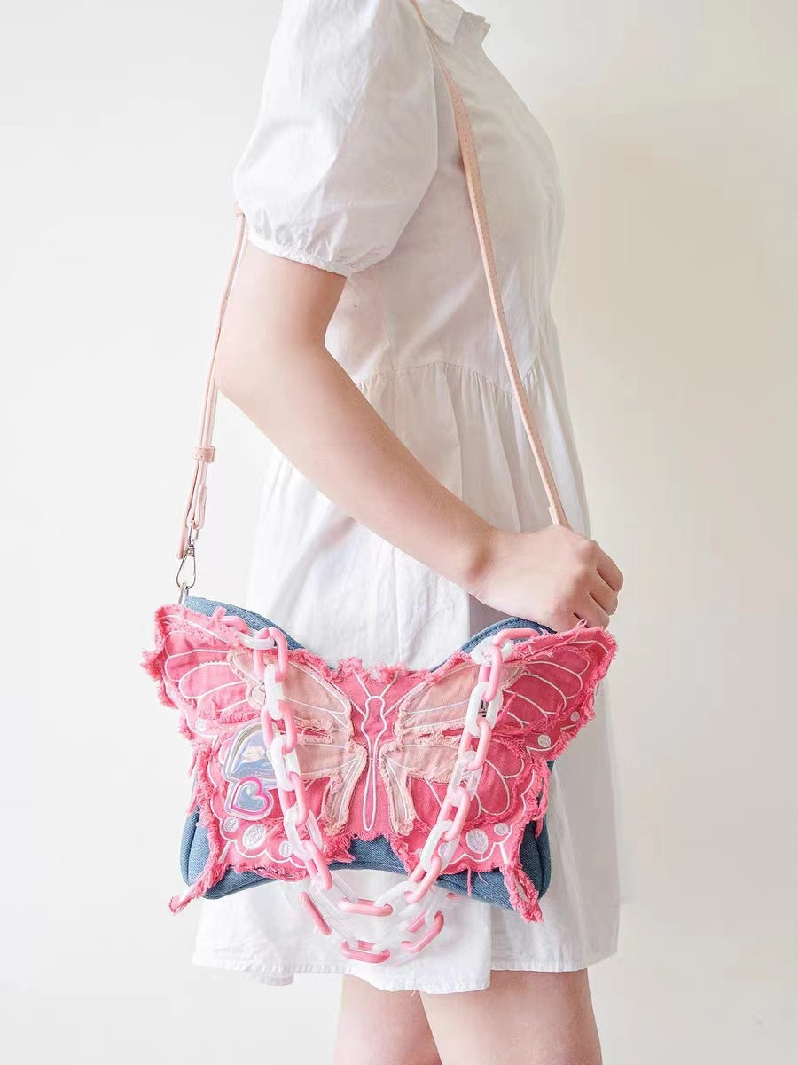 Original Denim Butterfly Contrast Color Acrylic Chain Shoulder Messenger Bag