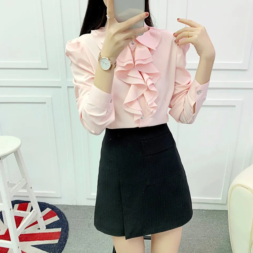 Ruffled Thin Puff Sleeve Loose Shirt