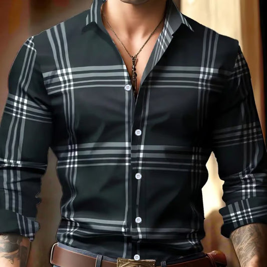Digital Printing Striped Plaid Men's Long Sleeve Shirt