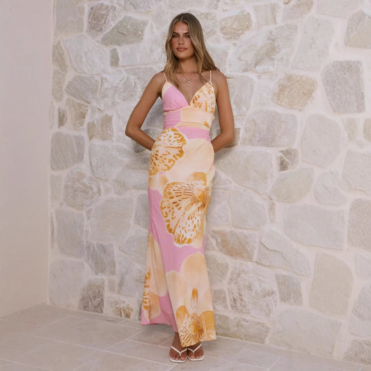 Printed Mid-Waist V-Neck Slip Dress For Women