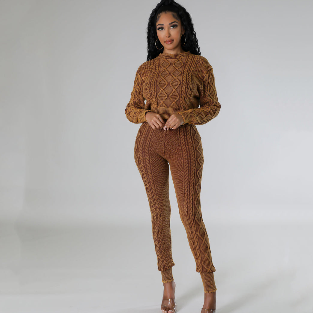 Women's Washable Vintage Knit Diamond Pattern Cable Sweater Set