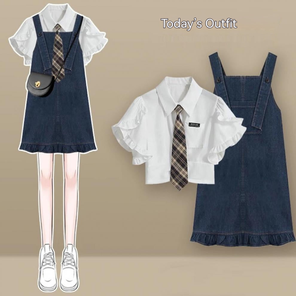 Girl Denim Dress College Style Blouse Suspender Skirt Outfit