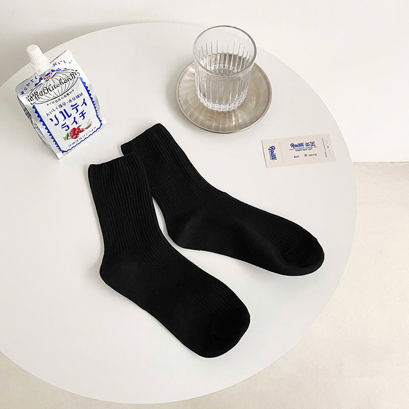 Women's Double Needle Vertical Strip Solid Color Medium Tube Pile Socks