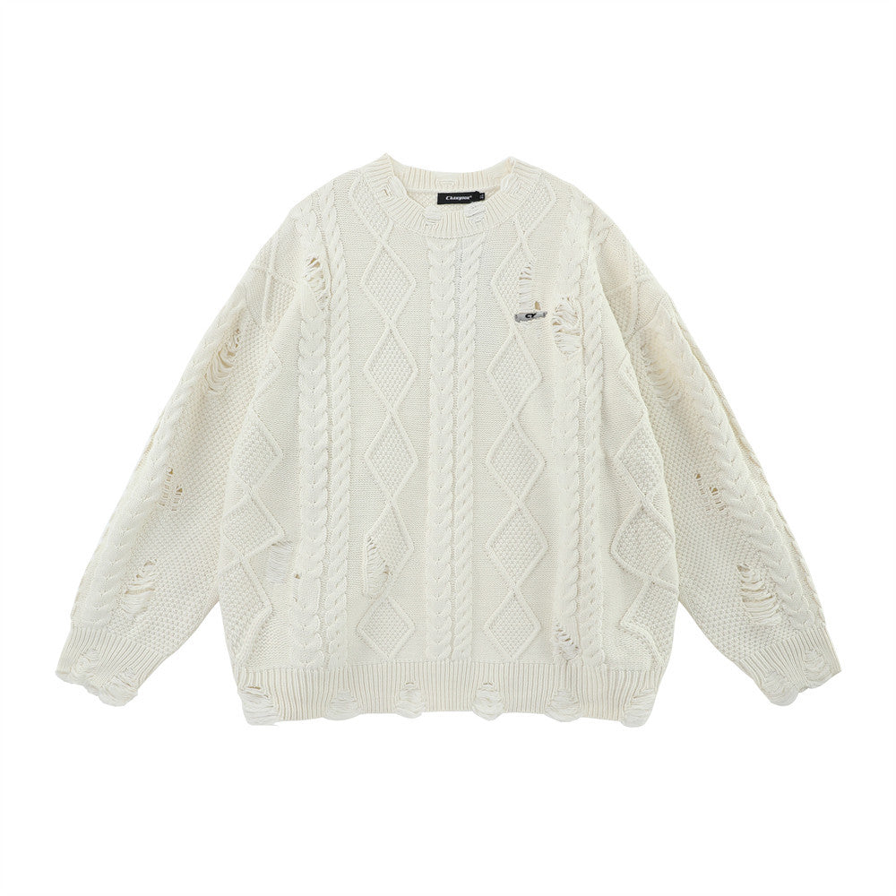 Idle Style Ripped Twist Round Neck Knitted Sweater