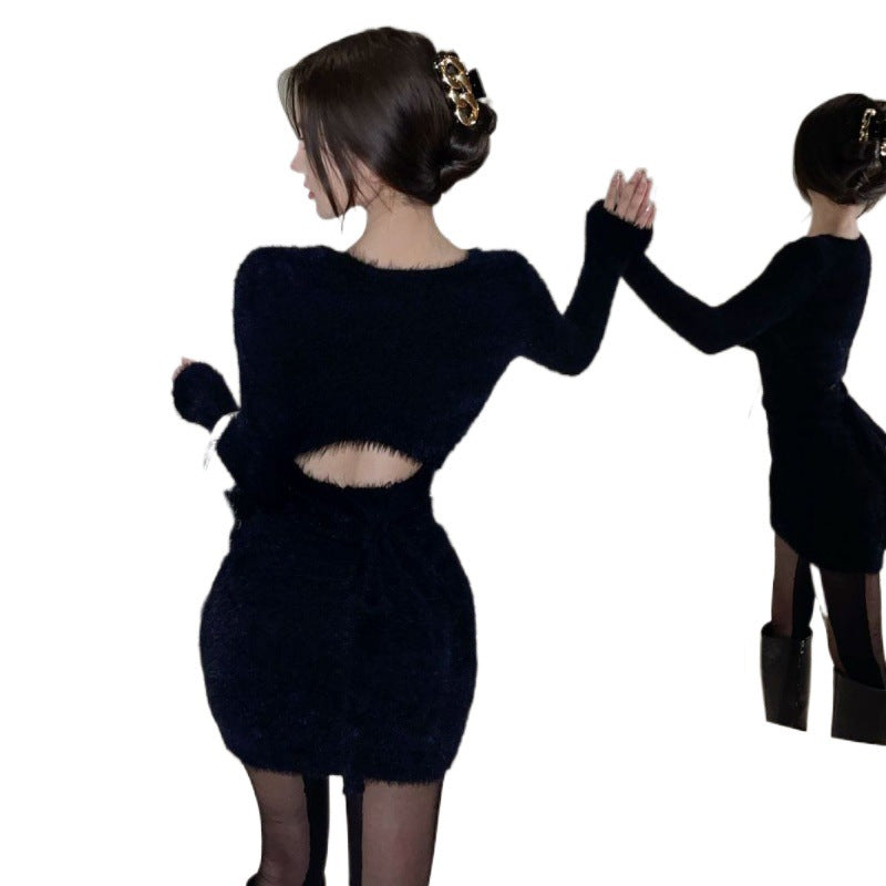 Women's Tight-fitting Cinched Long Sleeve Mink Fur Dress