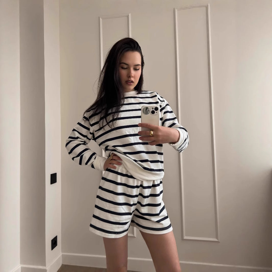 Soft Cotton Striped Suit Casual Long Sleeve Sweatshirt And Shorts