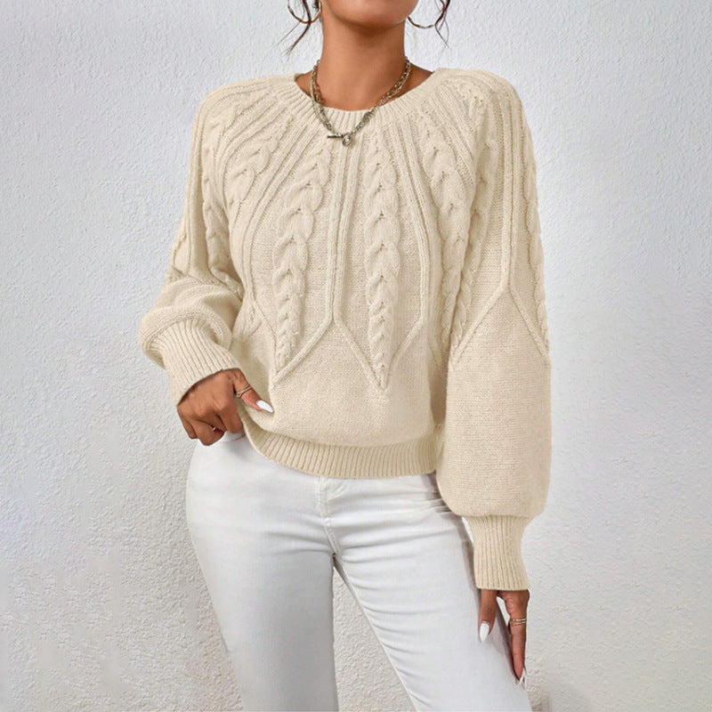 Round Neck Knitted Sweater Female Twist Thread Solid Color Versatile Casual Top