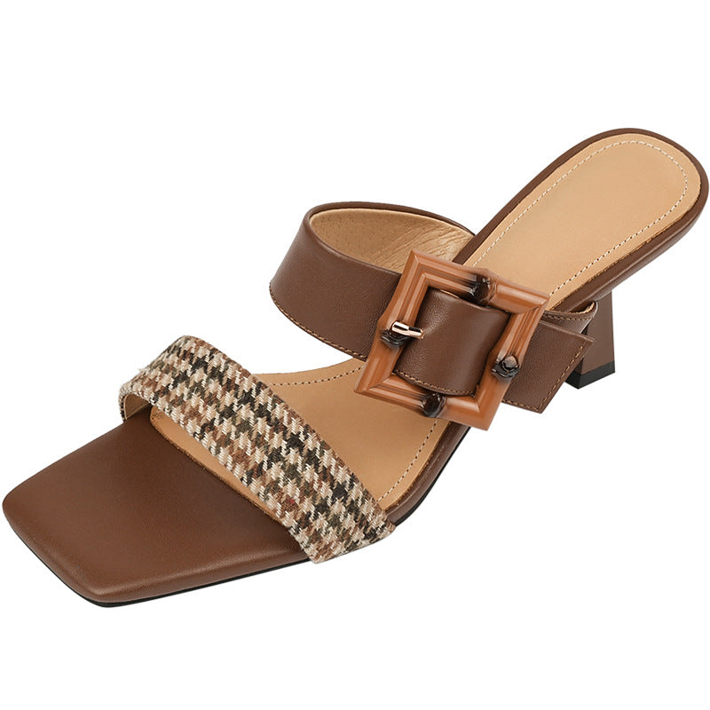 Belt Buckle Plaid Square Slippers With Stiletto Heels