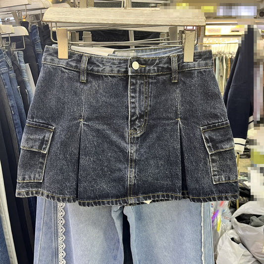 Hong Kong Style Retro A- Line Denim Skirt High Waist Pleated