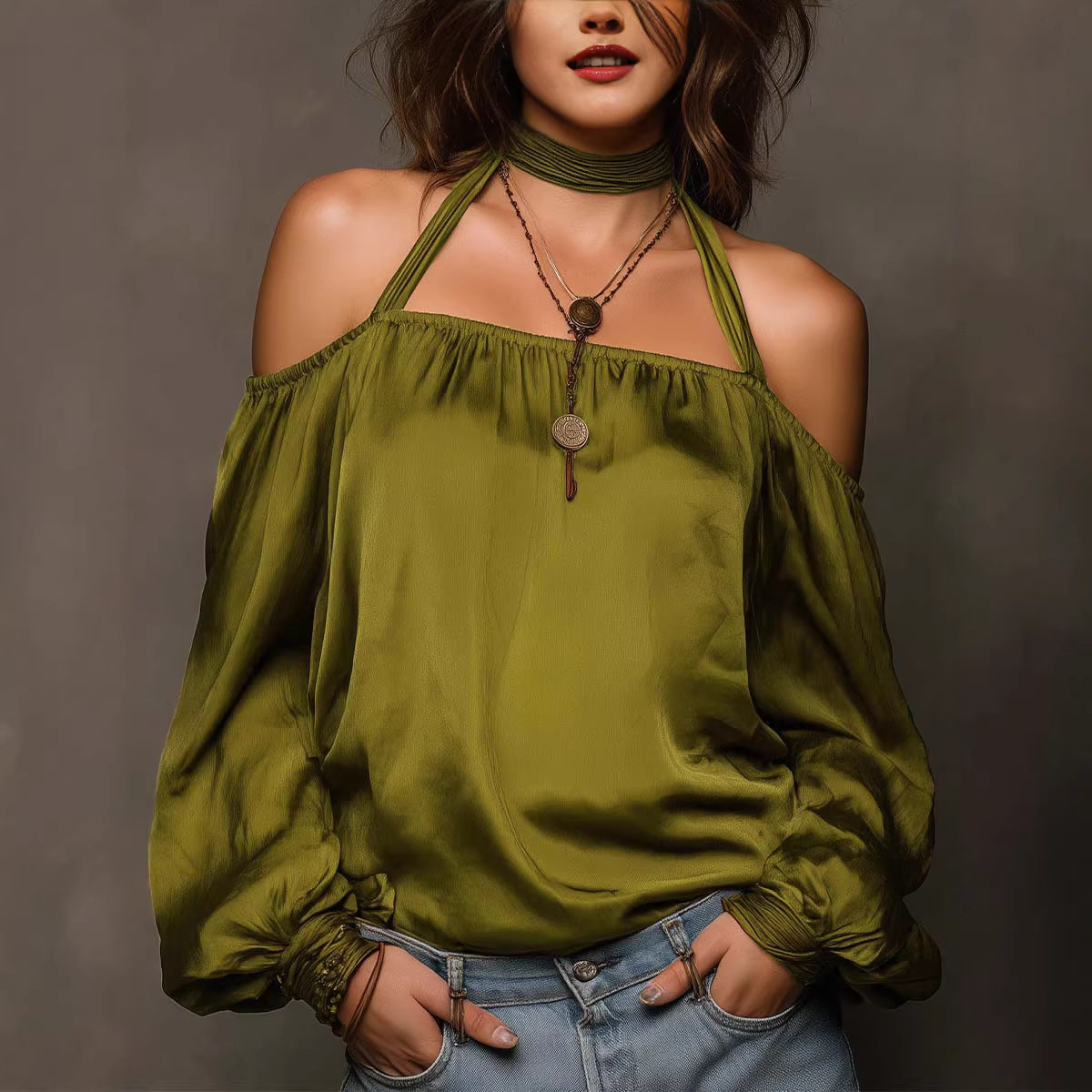 Womens Stylish Casual Off-shoulder Satin Top