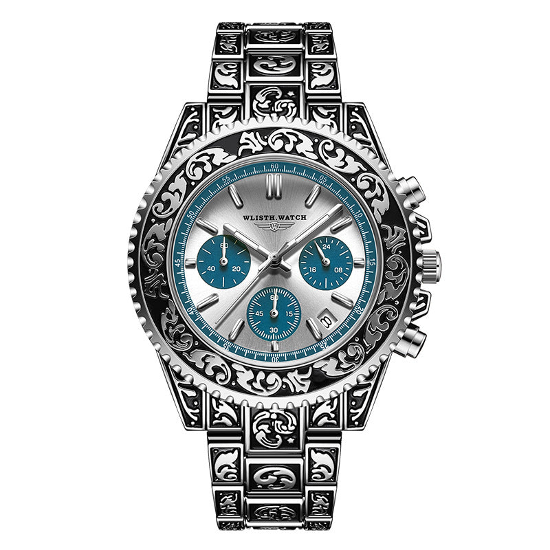 Vintage Engraving Quartz Multi-function Men's Watch