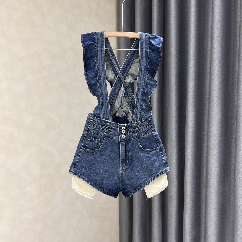 New Womens Blue Denim Suspender Shorts