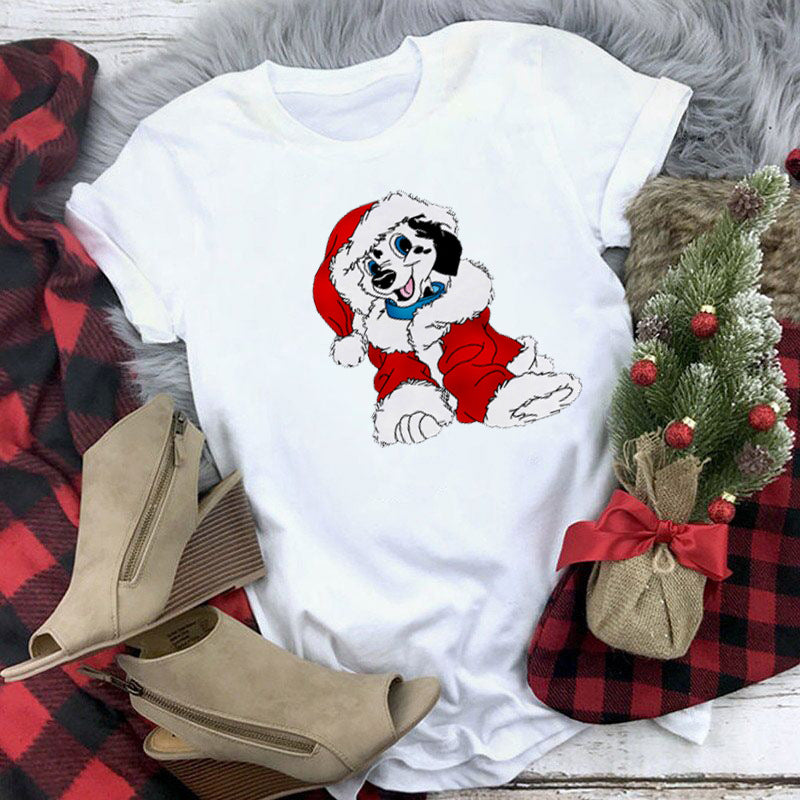 Christmas Lady Cute Dog Printed Short-sleeved Top Casual