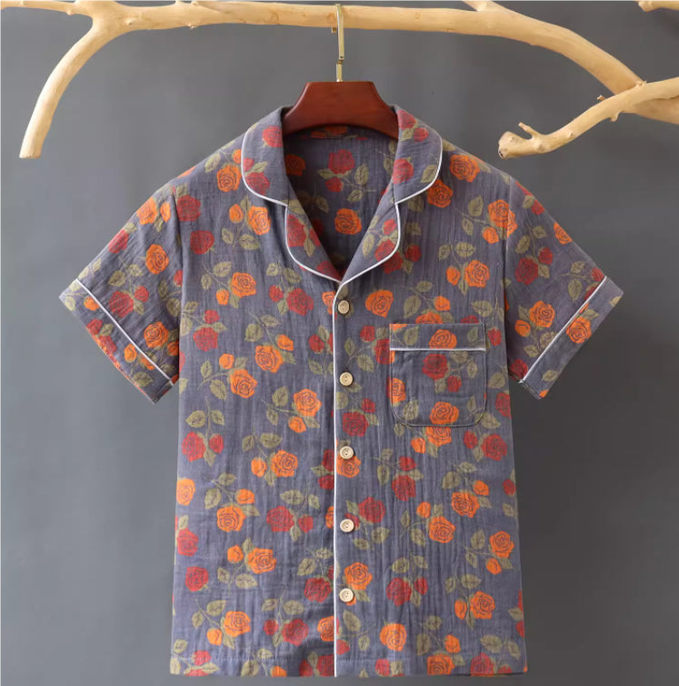 Chinese Style Pure Cotton Color Double-layer Cotton Yarn Short Sleeved Shirt