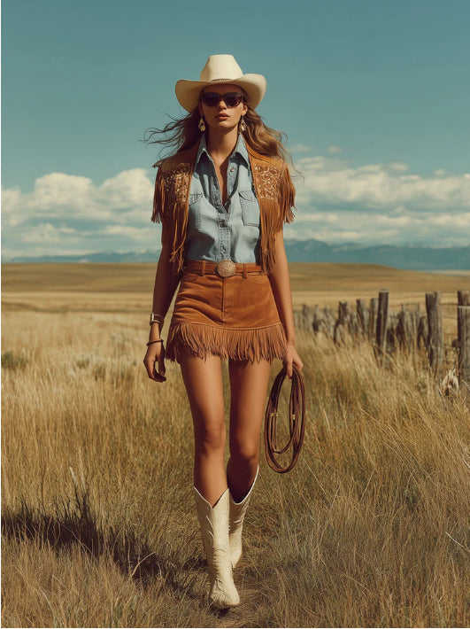 Western Retro Bohemian Style Caramel-Colored Faux Suede Fringe Skirt