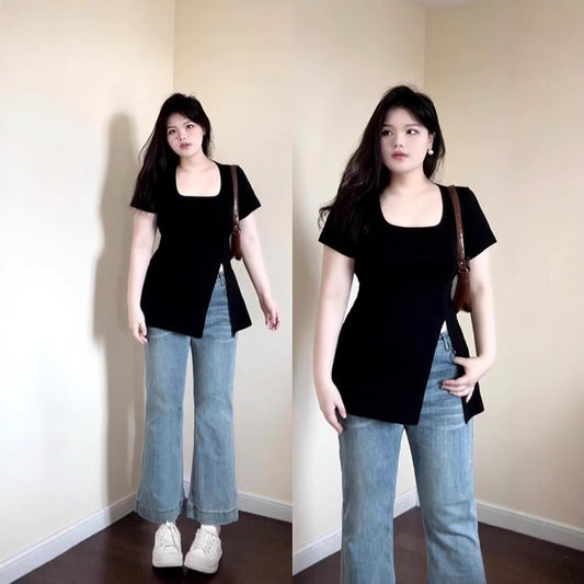 Black U-collar Shoulder Short Sleeve T-shirt Top