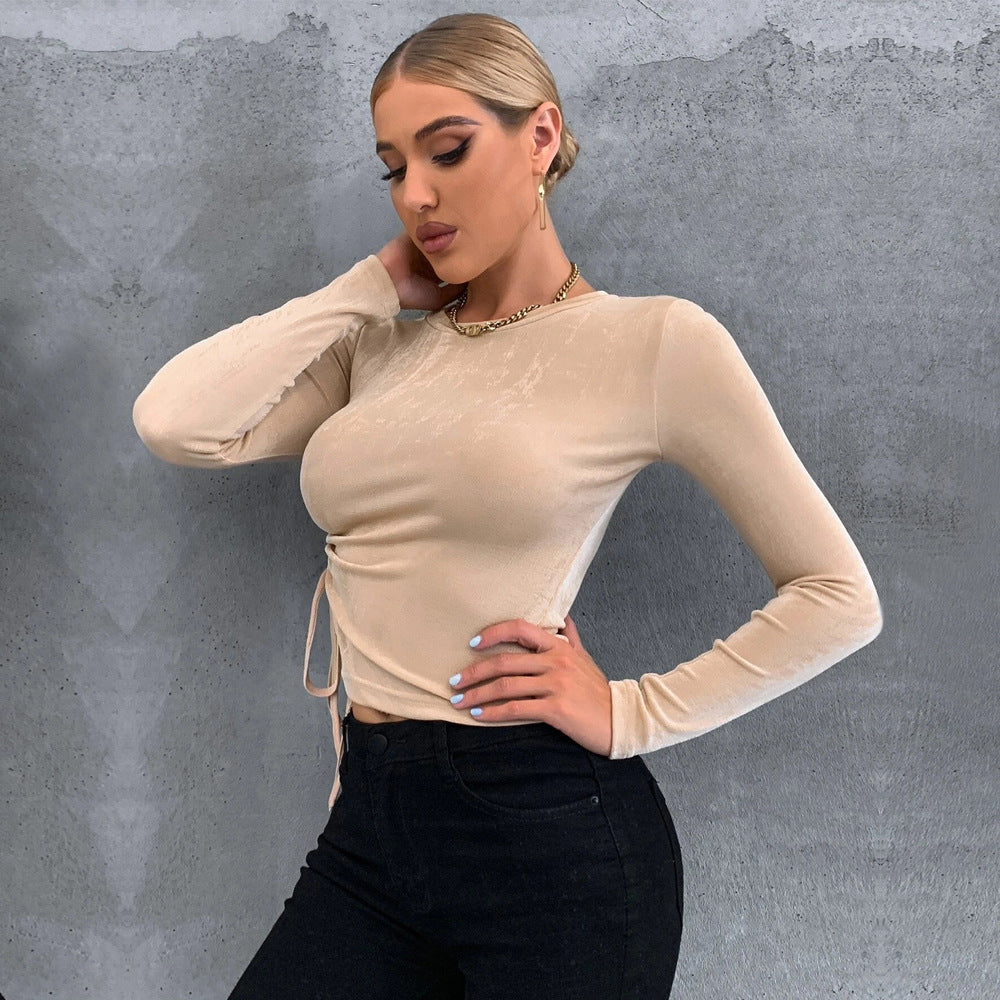 Slim-fit Round-neck Long-sleeve Glossy Knit Top For Women