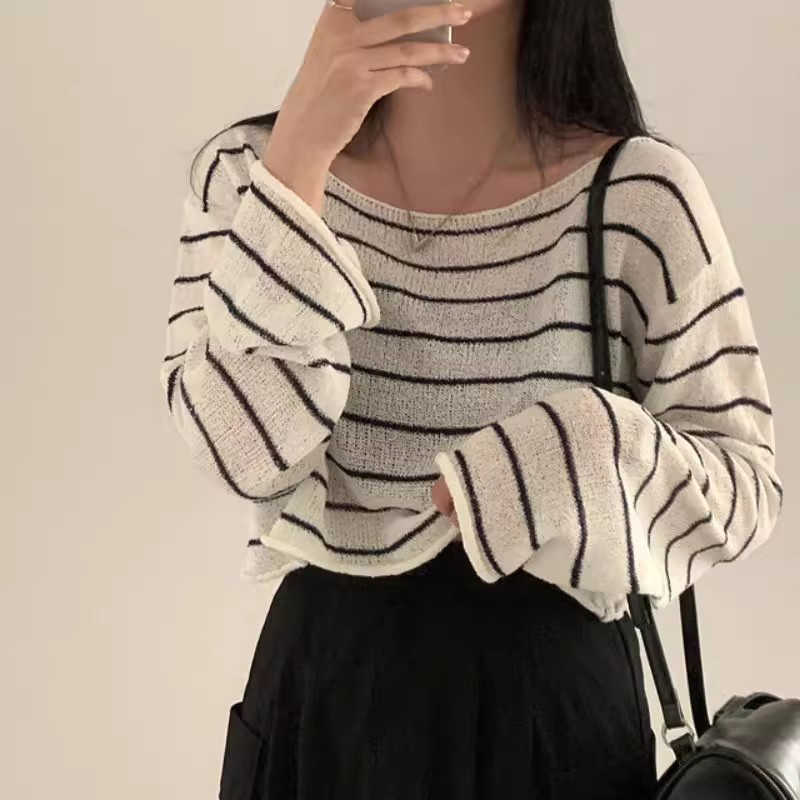 Off-neck Striped Ice Silk Sweater Loose Thin Type Sunscreen Blouse